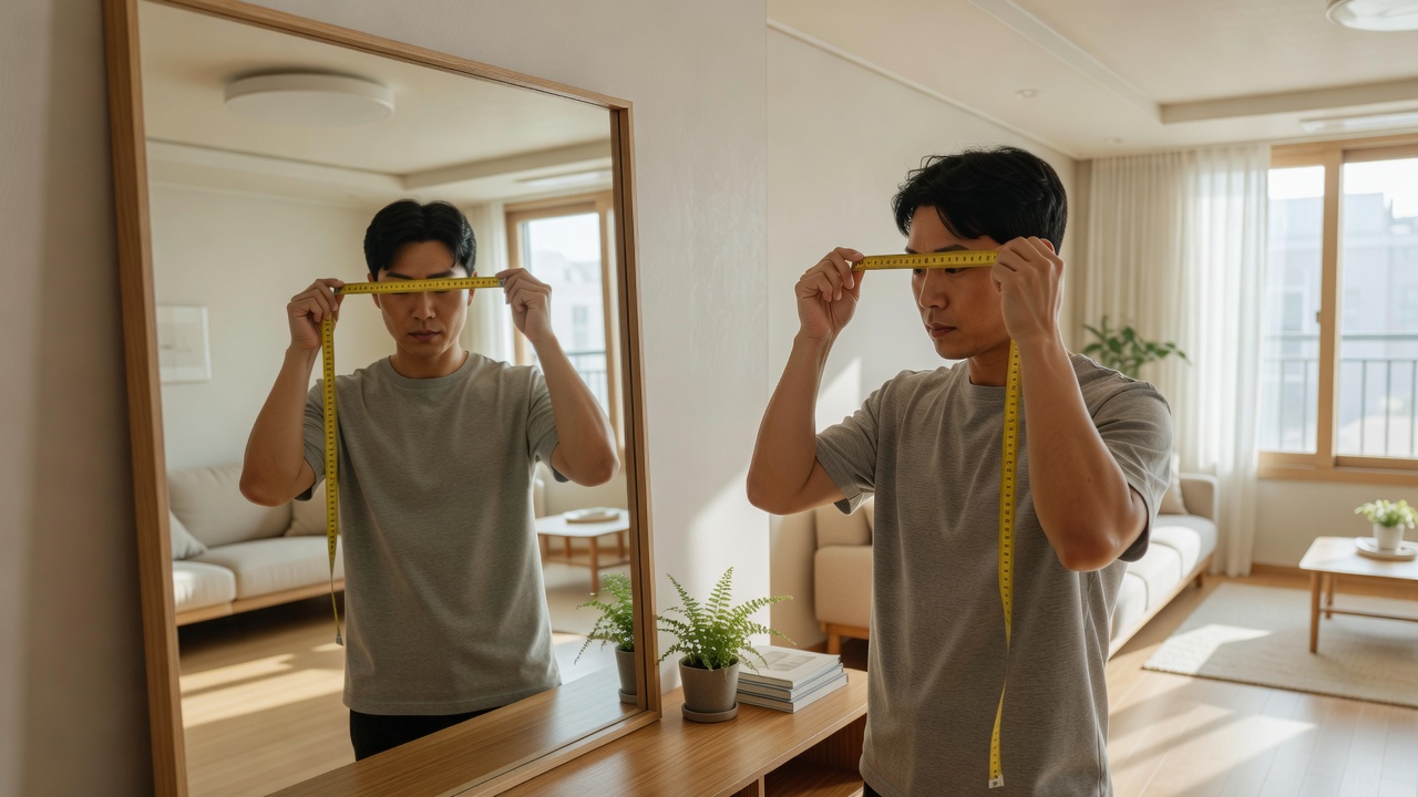얼굴 폭을 재며 빅사이즈선글라스 사이즈를 확인하는 모습