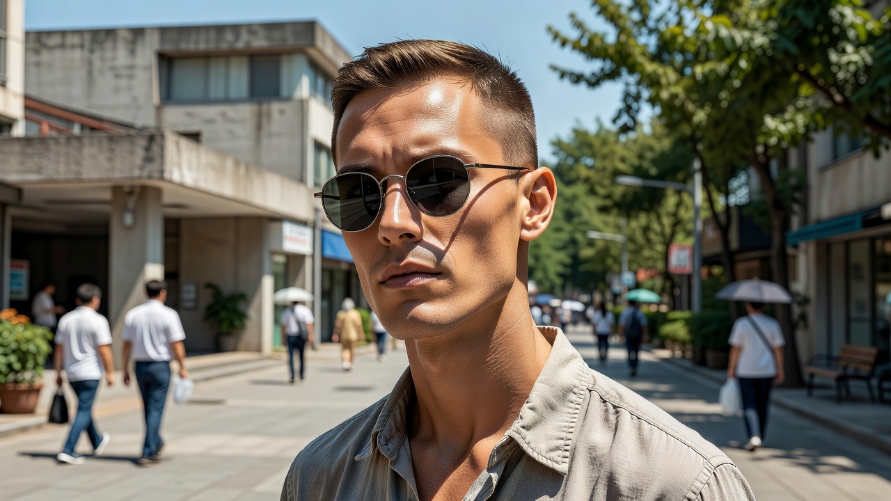 각진 얼굴형에 라운드선글라스가 부드러운 인상을 주는 모습