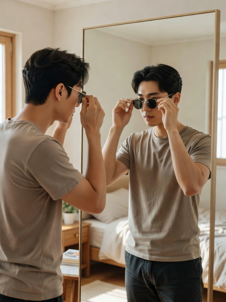 라운드선글라스 착용감과 얼굴형 적합성을 확인하는 모습