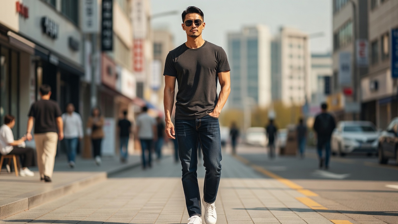 선글라스남자가 얼굴 중심으로 스타일을 강조하는 일상 모습