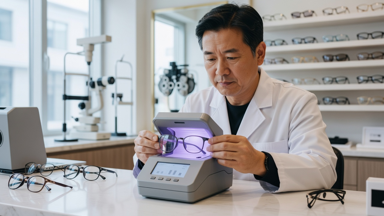 UV400 인증 선글라스 차단 성능을 측정하는 모습