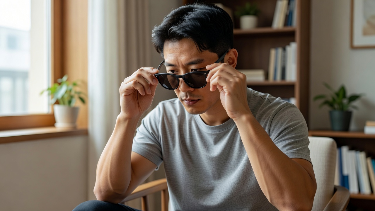 남자선글라스 UV400 차단 제품의 착용감과 코받침을 확인하는 모습