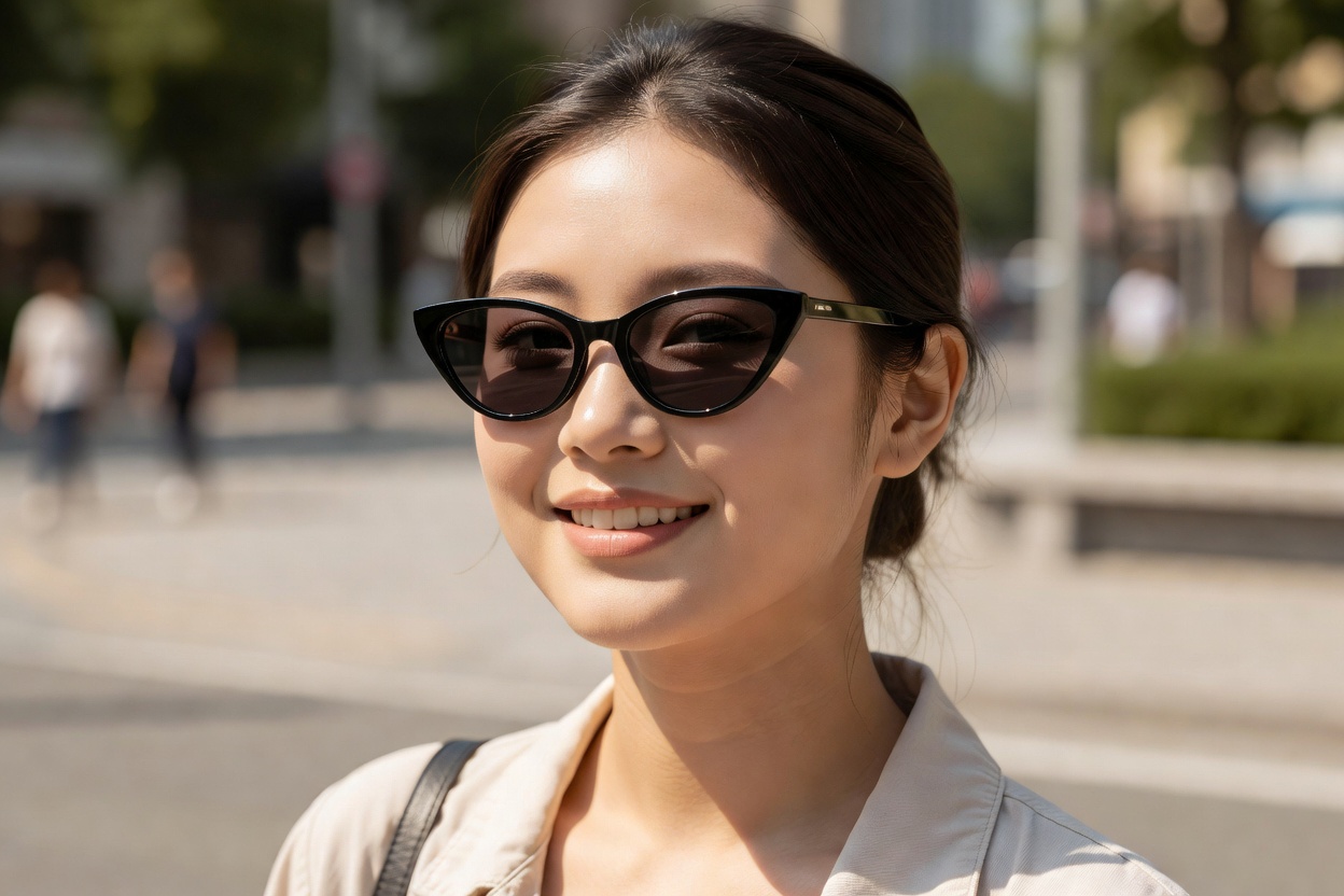 캣아이선글라스가 동그란 얼굴에 잘 어울리는 착용 모습